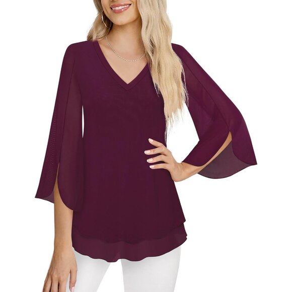 Women's 3/4 Sleeve Floral Blouses Shirts Double Layers V Neck Dressy Tunics Tops - Picture 3 of 6